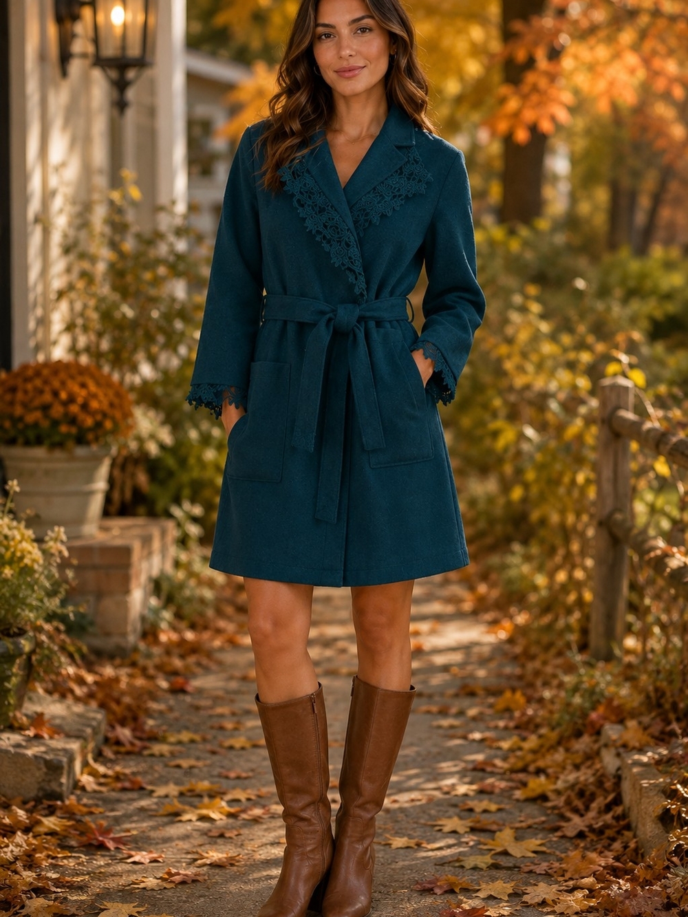 Anthropologie Teal Lace-Trim Wrap Coat